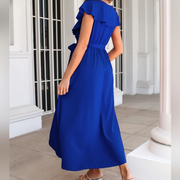 Romantic Ruffled Midi Dress with Wrap Silhouette and Slit - Picture 6 of 7